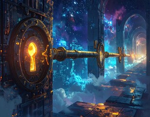 Futuristic Cityscape with Glowing Key and Celestial Elements