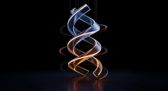 Abstract 3d double helix dna structure with glowing blue and orange light trails on black background