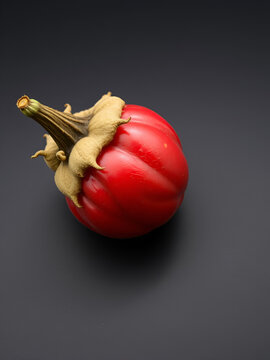 Strange and outlandish red fruit with peculiar growth on dark background, weird, unusual