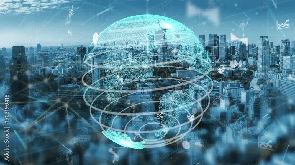 Poster a stunning digital globe floats over an urban skyline, showcasing intricate data visualization graph