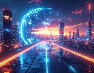 Futuristic Cityscape with Holographic Globe at Sunset