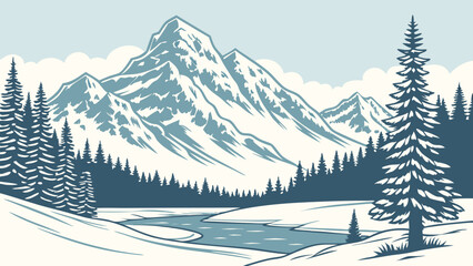 Fototapeta premium Snowy Mountain Landscape with Evergreen Trees and River.