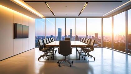 Modern Conference Room with City View and Sunset Glow