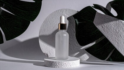 Minimalist Beauty Product Display with Monstera Leaves and Droplet