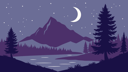 Fototapeta premium Night Landscape with Mountain, Crescent Moon, and Starry Sky.