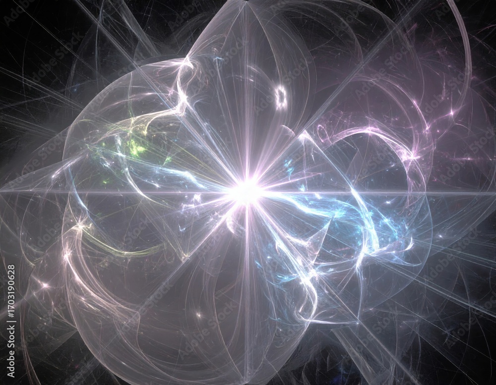 Poster abstract light explosion with intricate filament design and soft pastel colors on a black background