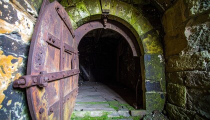 Rusty Old Doorway Leading to Dimly Lit Abandoned Stone Tunnel
