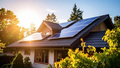 Solar Panels on Modern House Roof at Sunset with Green Surrounding