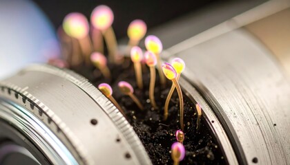 Tiny Colorful Sprouts Growing on Camera Lens in Creative Setting