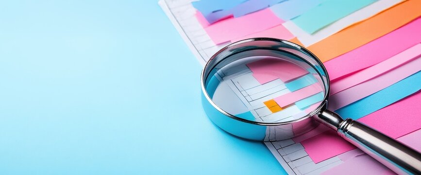 Colorful Paper Strips and Magnifying Glass on Blue Background for Focused Analysis of Data and Documents in Office or Study Environment - Powered by Adobe