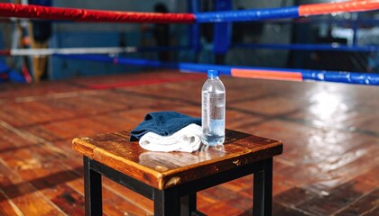 Water Bottle and Towel on Stool in Boxing Ring Setting