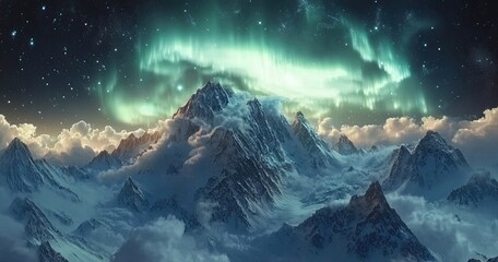 In the foreground is an aerial view of snow-covered mountains, with swirling clouds below and the aurora borealis in the sky above