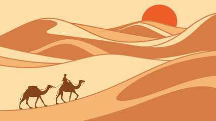 Two camels with riders crossing a desert landscape at sunset.