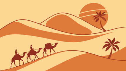 Desert caravan journeying through the dunes under the scorching sun. © Ahyar