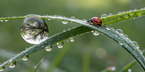 Macro ladybug on wet grass blade with reflection in water droplet image