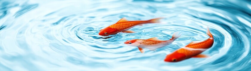 Graceful koi fish swimming peacefully in a serene blue pond, showcasing vibrant colors and intricate patterns against the shimmering water surface.