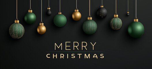 Merry christmas with hanging green and gold ornaments on a black background