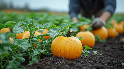 A farmer harvests vibrant orange pumpkins in a lush field, showcasing the beauty of agriculture and seasonal bounty.