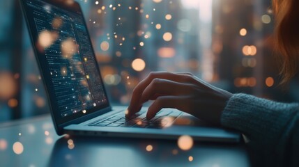 A person working on a laptop analyzing SEO data and website traffic improvements, on blurred background