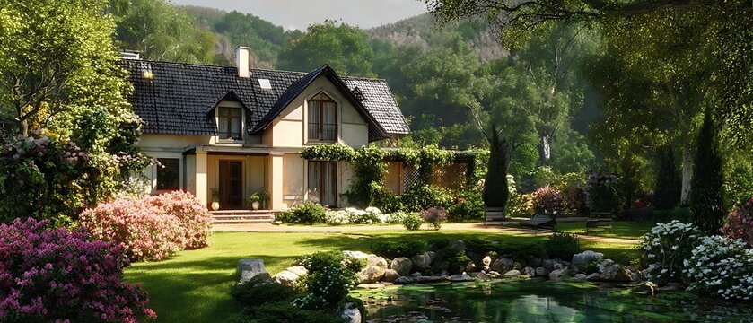 A modern stone house with a beautiful garden and clear blue skies, representing luxury living. - Powered by Adobe