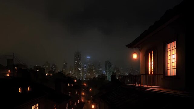 City Skyline at Night with Traditional Architecture in Harmony