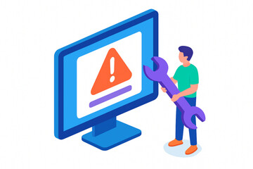 Technician fixing system error on monitor with wrench for IT support services solution concept