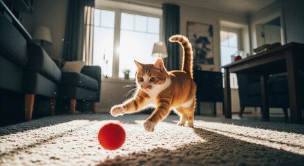 Playful Cat Chasing a Ball on a Rug in a Sunlit Living Room