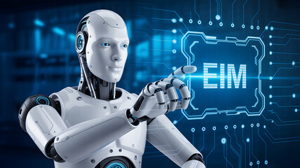 Futuristic robot interacting with digital interface technology