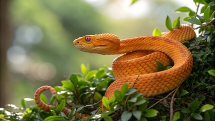 Orange bush viper with spiky scales coiled on mossy branch orange snake reptile