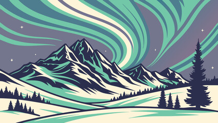 Majestic Mountains Under the Aurora Borealis - A Vector Illustration.