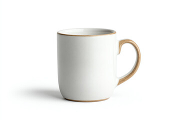 A simple, elegant white mug with a natural wood handle, perfect for coffee or tea in any setting.