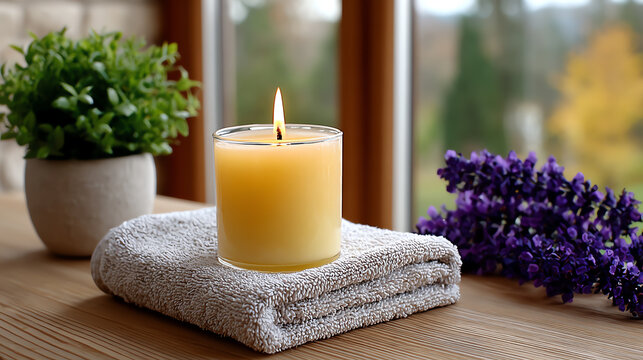A serene moment featuring a lit candle beside a soft towel and blooming lavender, creating a cozy and relaxing atmosphere.