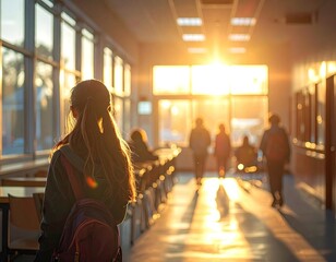 Girl Walking School Hallway Sunset Backlit