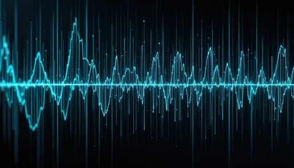 A dynamic, teal-toned visualization of audio waves against a dark background.