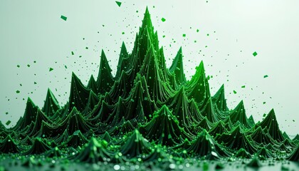 Intricate, emerald-green fractal mountain range, detailed and textured, against a light, pale green backdrop.
