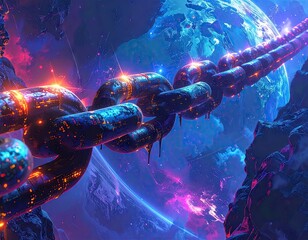 Glowing Chain Links in Cosmic Space with Planet