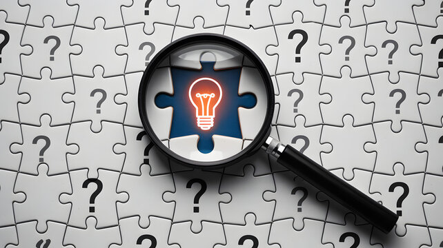 Find the solution, innovative idea with puzzle and magnifying glass