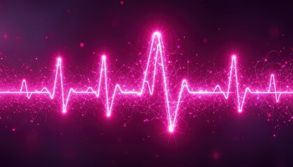 A vibrant, glowing pink electrocardiogram waveform design displays a dynamic energy pattern against a dark backdrop.