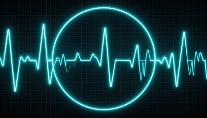 A bright teal graphic displays a heart rate monitor pattern, enclosed in a glowing teal circle against a dark grid background.
