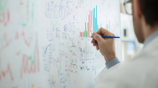 A person writing a financial strategy on a whiteboard, with bar graphs and stock market data, on blurred background
