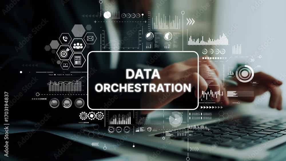 Poster data orchestration concept with digital interface and business metrics for modern workflow managemen