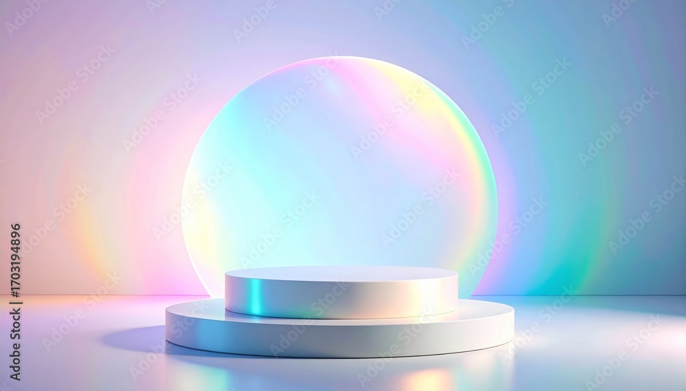 Poster white product podium with iridescent circular backdrop in studio setting for presentation
