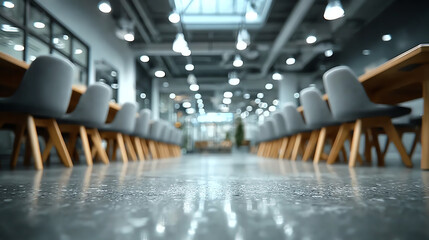 Modern office interior with sleek design, featuring a long table and comfortable chairs, perfect for meetings and collaborative work.