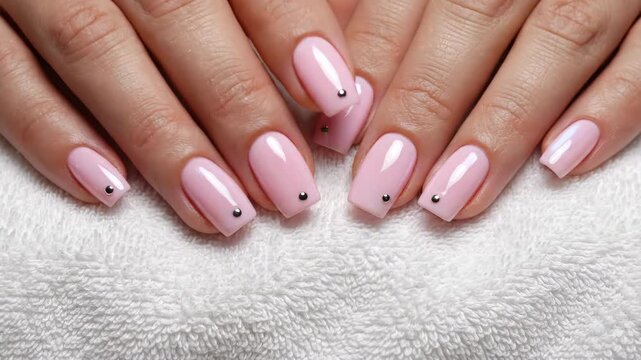 Female hands with pastel pink gel nails and sparkling stone accents