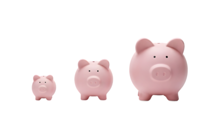 Growing Piggy Bank: Three adorable piggy banks, each a unique size, stand as a heartwarming symbol of savings and the journey towards financial growth.