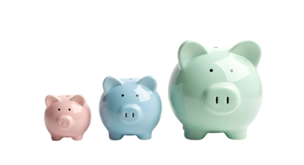 Savings Trio: A delightful trio of piggy banks, each in a different pastel hue, stands in perfect formation, ready to receive and safeguard savings.