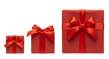 Gift Box Trio: An array of elegantly wrapped gifts in various sizes, their vibrant red hues enhanced by matching ribbons, create a visual symphony of anticipation.