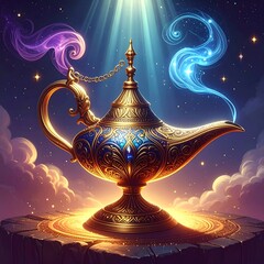 Magic lamp with glowing smoke