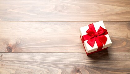 White gift box with red ribbon on wooden planks