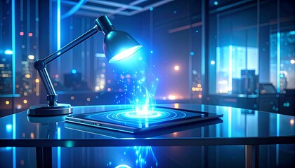 Futuristic glass desk with holographic lamp casting neon blue light over digital tablet, sci-fi study concept.